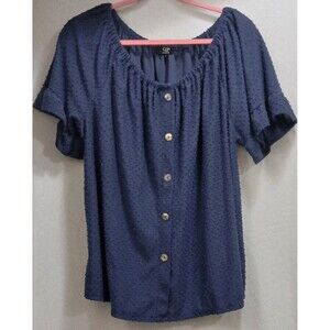 Coin 1804 Plus 2X Women’s Blue Swiss Dot Button Front Blouse Short Sleeve Top